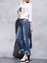 Blue Fringed Casual Cotton Flared Pants